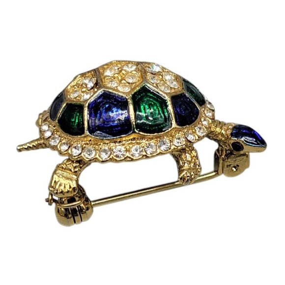 Sphinx Crystal Enamel Turtle Brooch Green Blue on Gold Tone Vintage Number 20232 - Picture 3 of 6